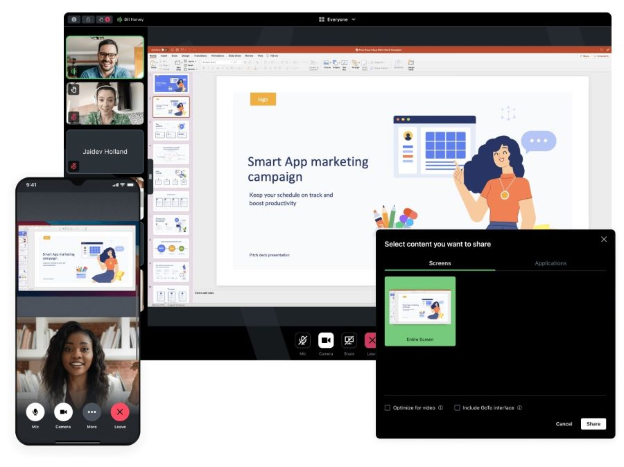 Multiple images showing how GoTo Connect video conferencing looks on mobile devices.