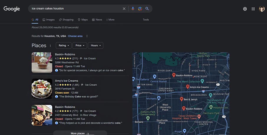 Various Google Business Profile listings and a map for ice cream cakes in Houston, Texas.