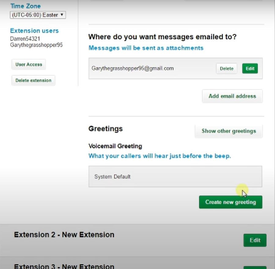 Screen capture of Grasshopper's interface where settings for where messages will be sent and caller greetings are set.