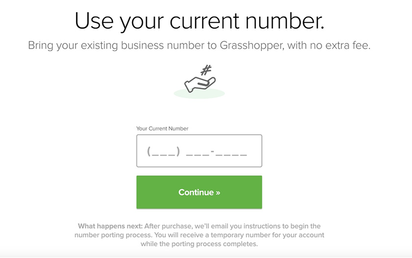 Grasshopper's web interface where customers enter their existing number for porting