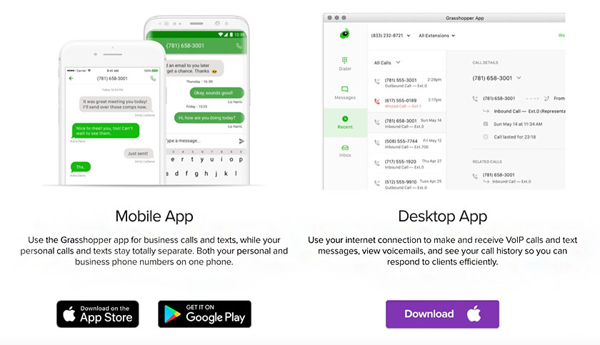 Graphics showing Grasshopper's mobile and desktop applications.
