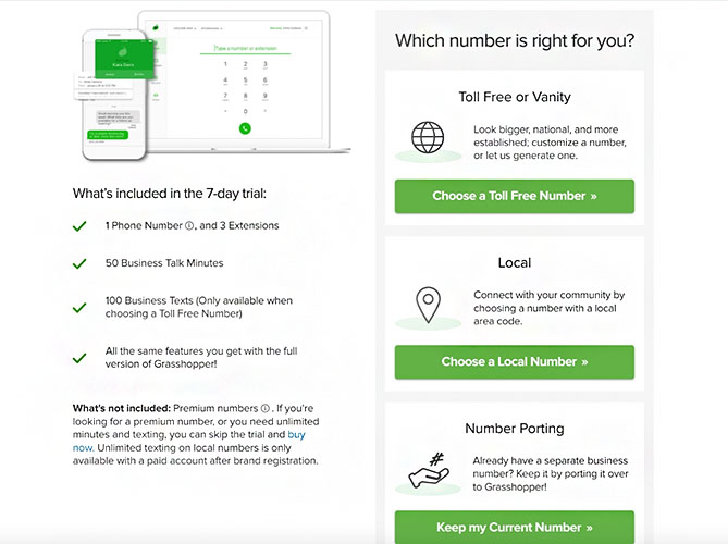 Grasshopper's browser interface showing phone number options.