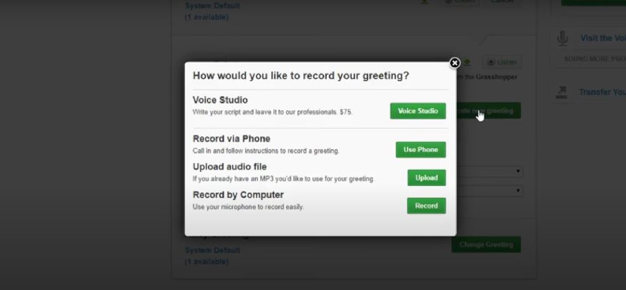 Screen capture of the four ways users can record Grasshopper phone system greetings.