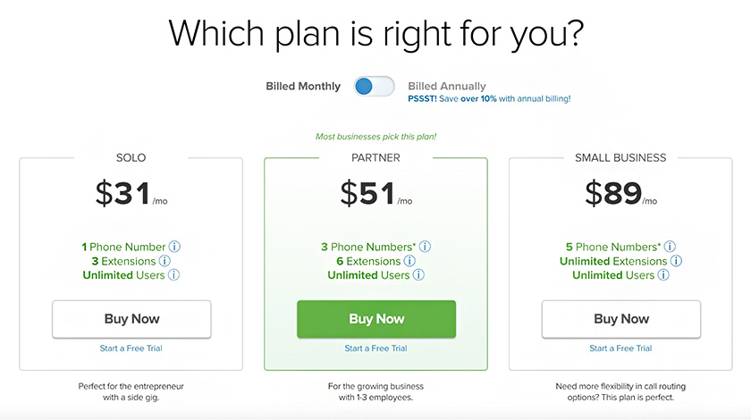 Grasshopper's three subscription offers showing monthly billing prices.