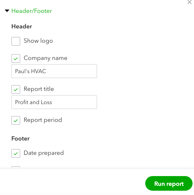 Section where you can add and adjust headers and footers in your QuickBooks profit and loss report