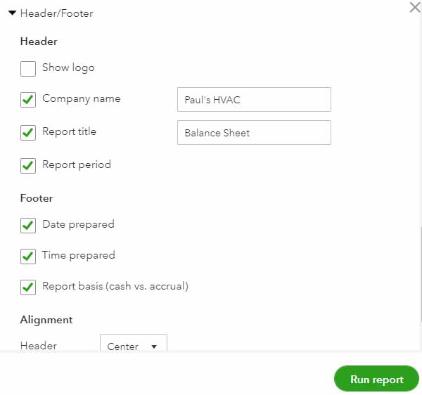 Screen where you can add and adjust headers and footers in your QuickBooks balance sheet.