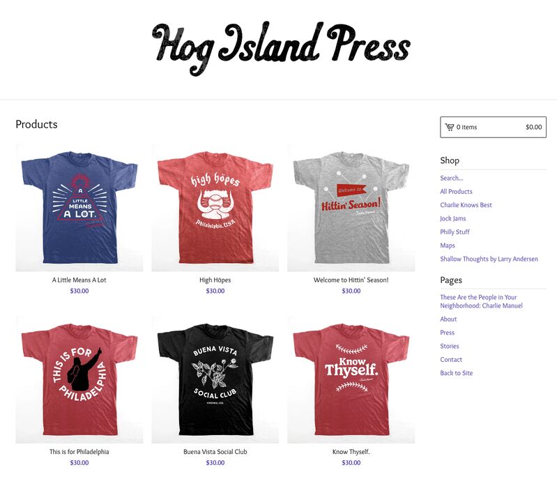 Hog Island Press homepage online shop t-shirt shop with own designs a Big Cartel store.