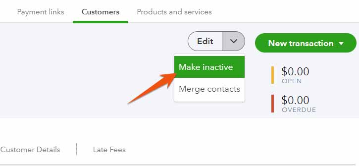 Screen where you can make a customer inactive in QuickBooks Online.