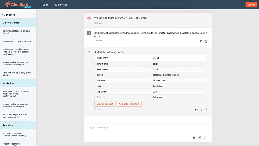 Adding new contact record with ChatSpot command in HubSpot.
