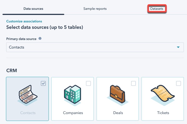 Selecting data sources for report in HubSpot