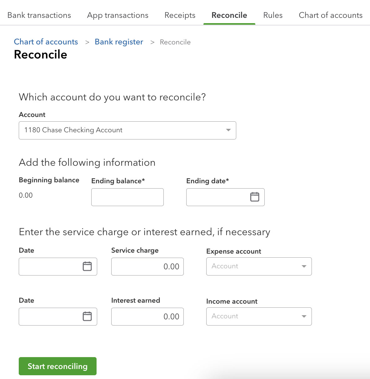 Image showing the pre-reconciliation screen on QuickBooks.