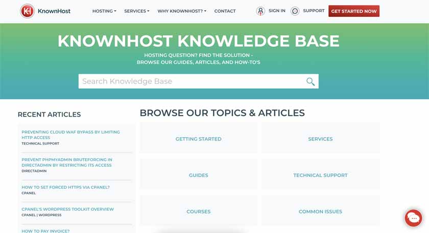 A view of KnownHost's knowledge base.