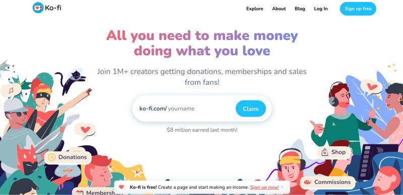 ko-fi home page website creators can offer memberships, sales, and accept donations from fans