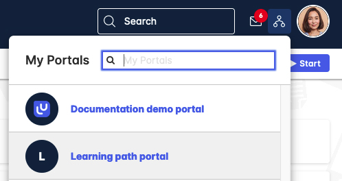 LearnUpon image showing how to switch between learning portals.