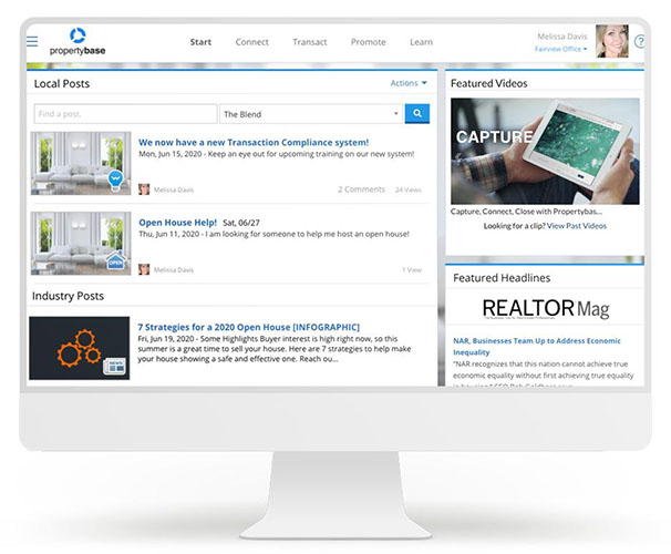 Online desktop workspace with an internal message board and featured videos.