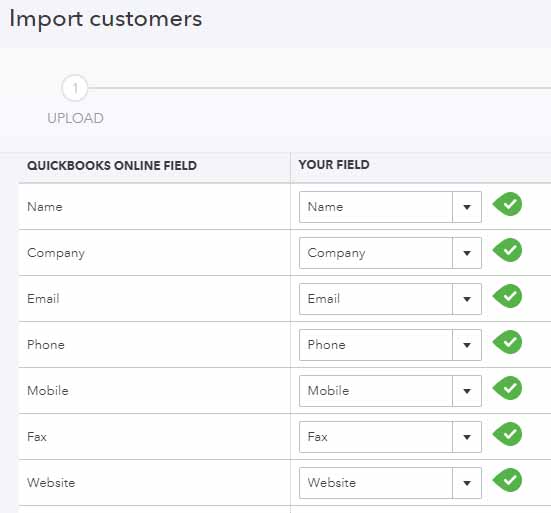 Screen where you can map customer fields from q customer file to be imported to QuickBooks Online.