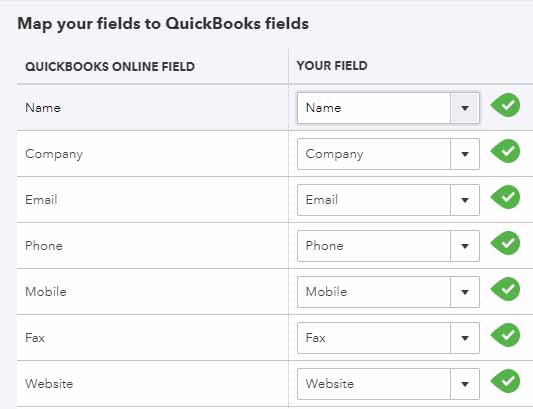 Screen where you can map QuickBooks Online fields to those in your spreadsheet.