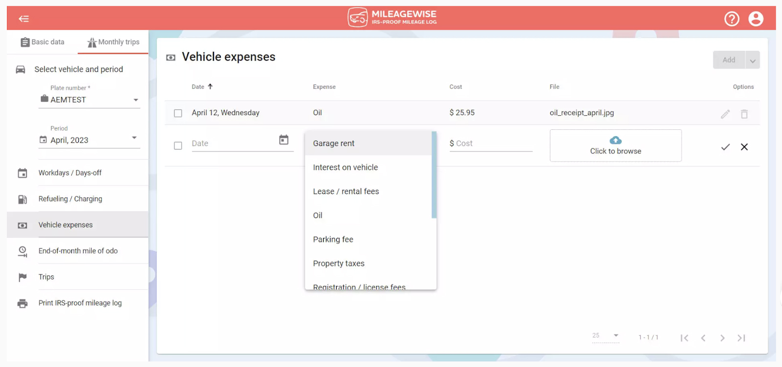Image showing how to record an expense in MileageWise.