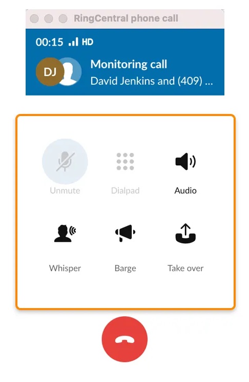 A live phone call being monitored on RingCentral. The user has the option to use "Whisper," "Barge," and "Take over."