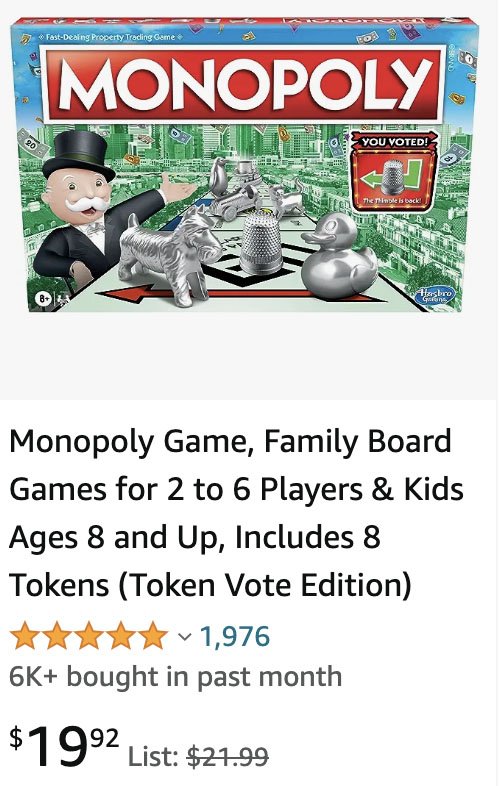 Monopoly board game retail Amazon pricing.