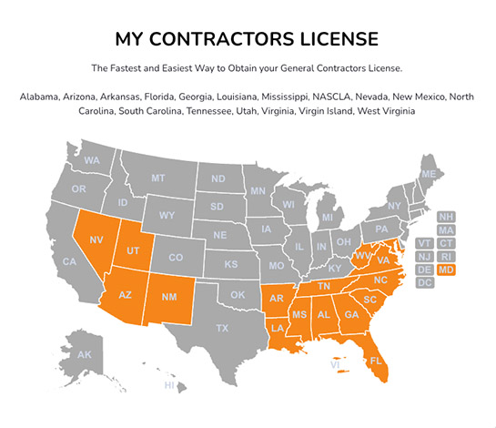 Map of states where My Contractor License offers courses