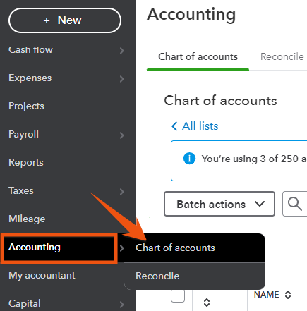Screen showing you can navigate to the Chart of accounts in QuickBooks Online