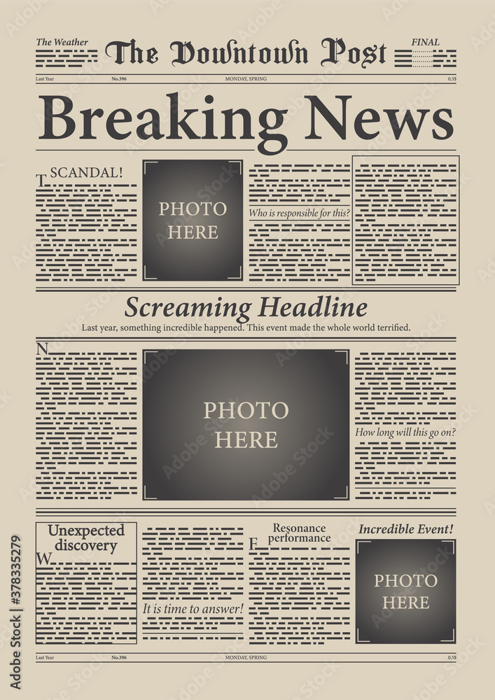 Newspaper style newsletter template with space for images and copy.