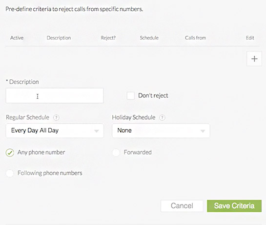 A screenshot from the Nextiva browser showing how to configure selective call rejection.