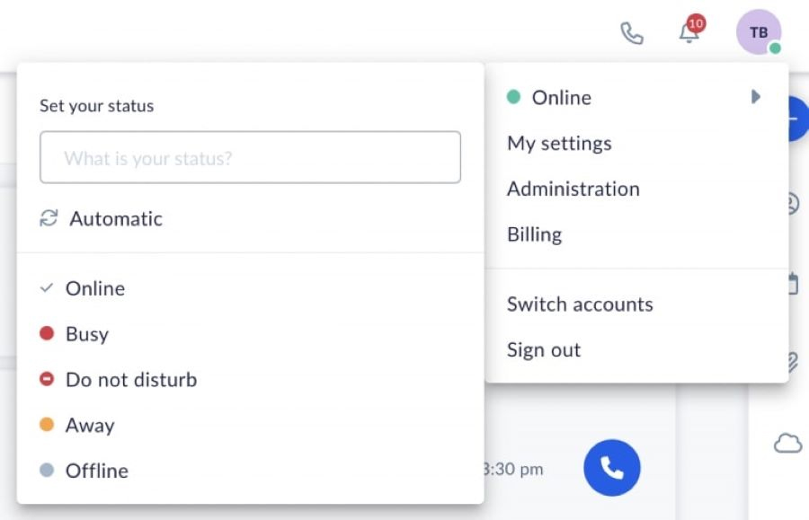 Screen capture of the team presence status available on Nextiva.