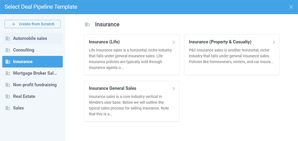 Vertical tabs showing Nimble's different industry deal templates.