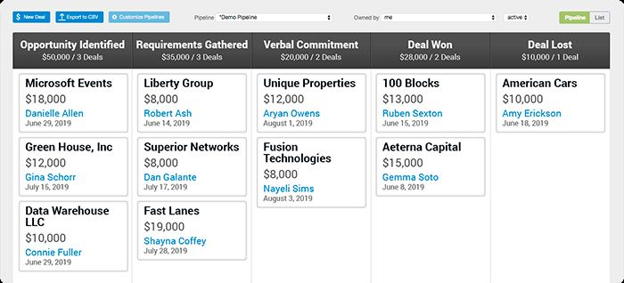 An example of Nimble's drag-and-drop visual deal pipeline.