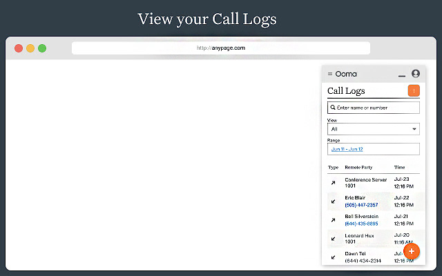 Ooma's call log Google Chrome pop up interface