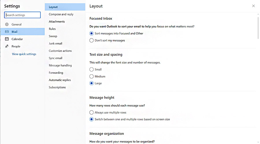 Outlook features for customization under View Settings.