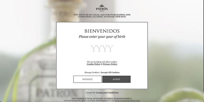 splash page examples for age verification by Patron Tequila