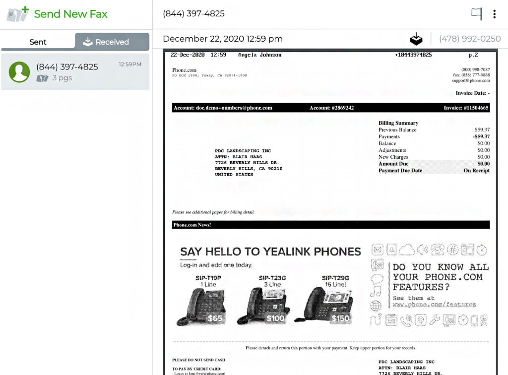 Phone.com's fax detail view showing the addressee's number, layout and preview of the fax file.