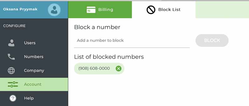 Phone.com interface highlighting the Account tab and the Block List feature, which has an input field for adding a phone number to block.