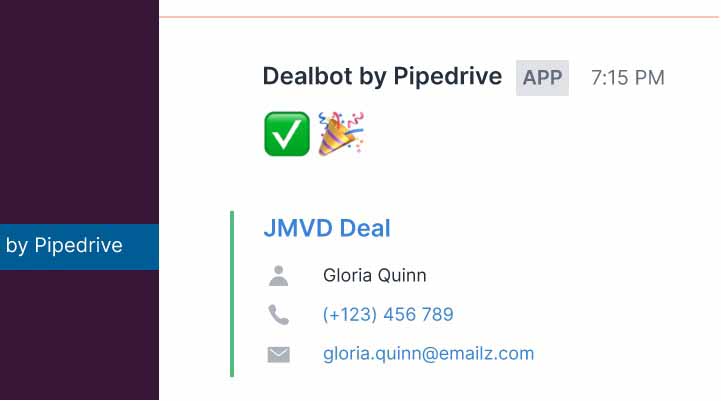 Receiving deal-won notification in Slack from Pipedrive.