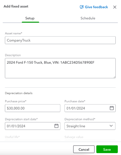 Screen where you can add a new fixed asset in QuickBooks Online Advanced.