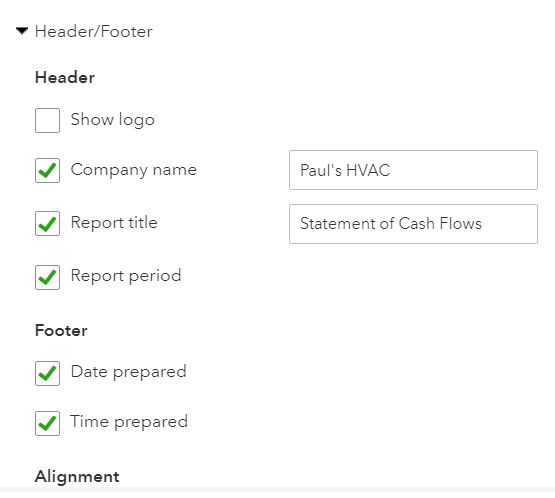 Section where you can add and adjust headers and footers in your cash flow report in QuickBooks Online.