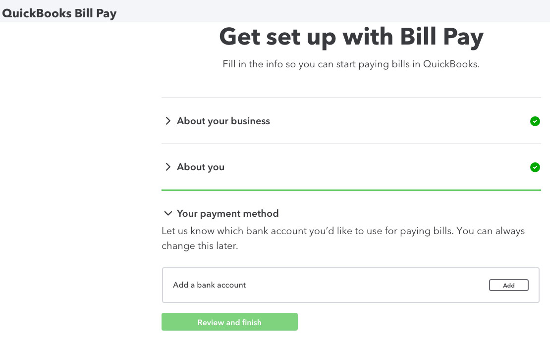 Screen where you can set up QuickBooks Bill Pay from within QuickBooks Online.