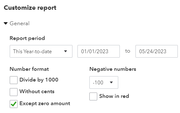 Section where you can set up general options to customize your cash flow report in QuickBooks Online.