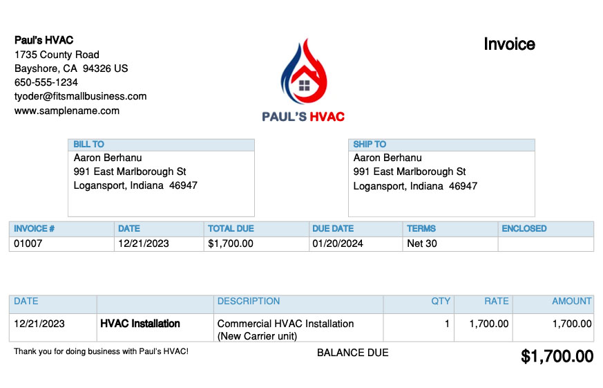 Sample invoice in QuickBooks Online with customized details, like company logo.