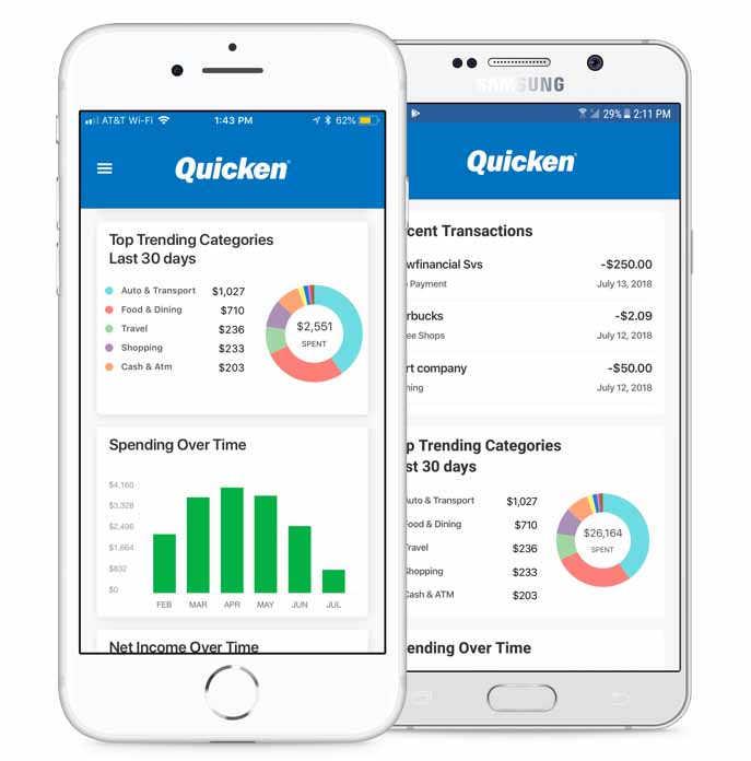 Image of the Quicken mobile app displayed on both an iPhone and Android.