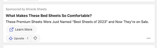 An example of a text ad on the Quora feed for a bed sheet brand.