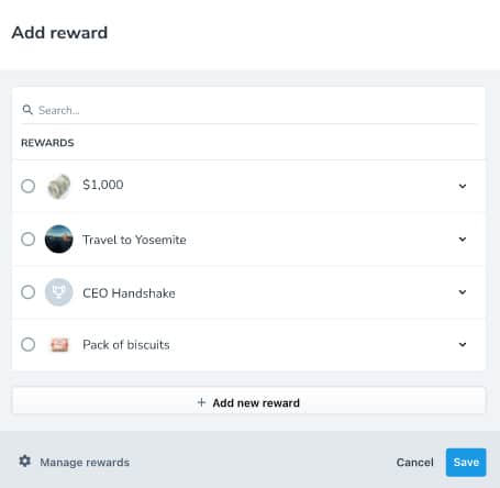 Recruitee screenshot showing how to add awards to referral plan.