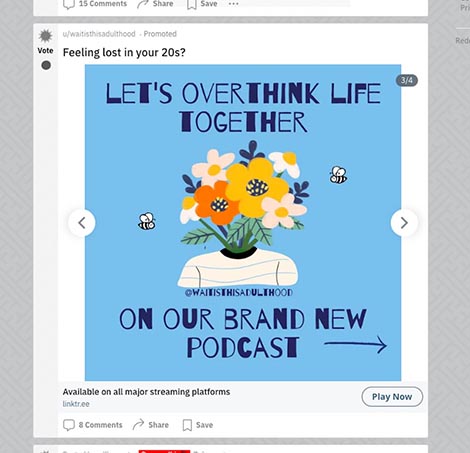 An example of a carousel ad on Reddit for a podcast.