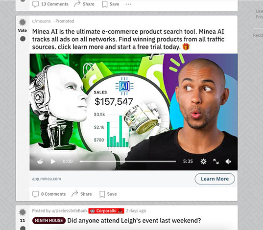 An example of a video ad on Reddit for an AI platform.