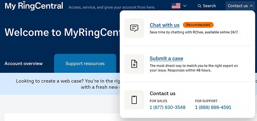 Screen capture of RingCentral's website showcasing the different channels for customer support