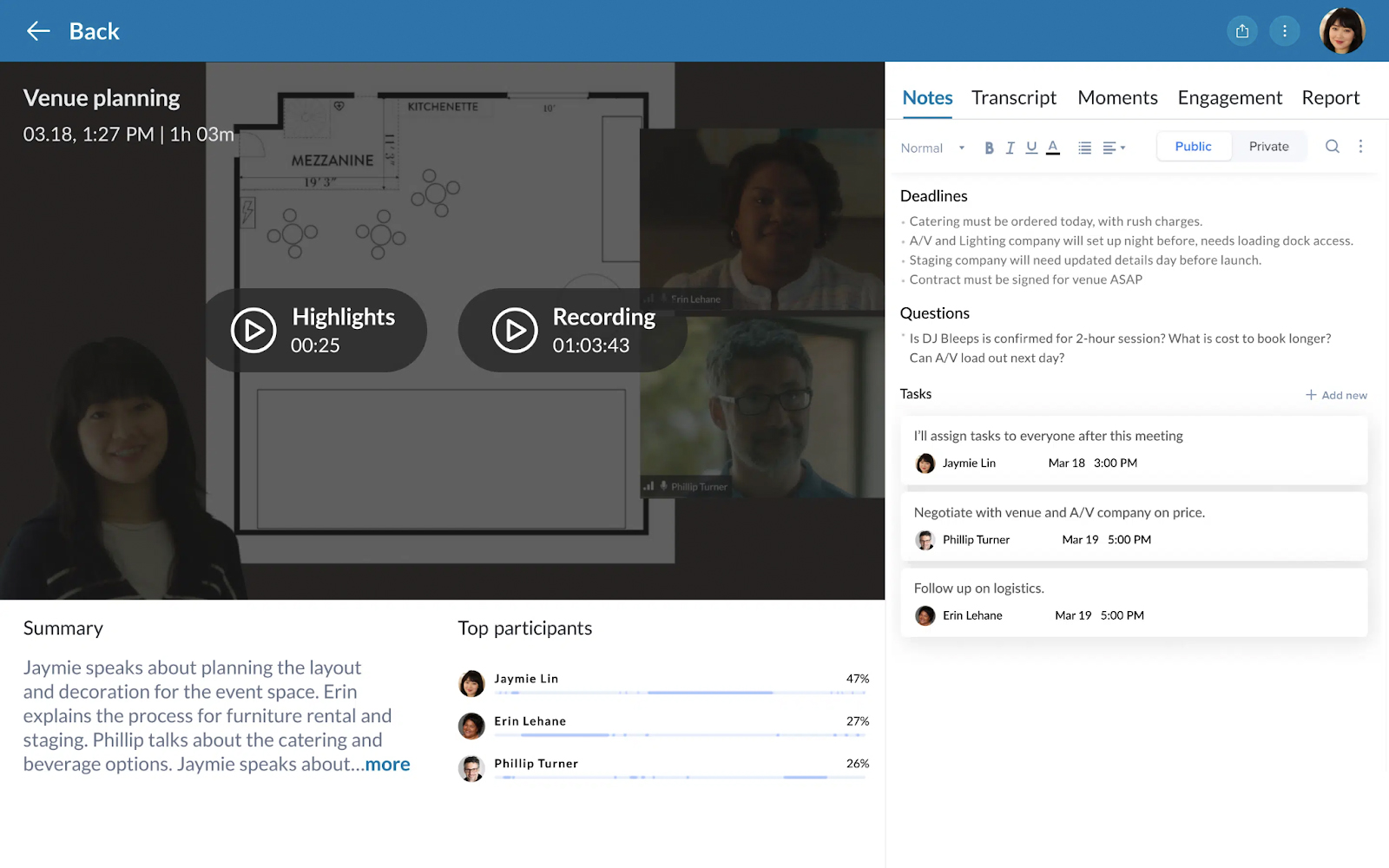 A live RingCentral meeting showing a shared screen and a sidebar with discussion notes.