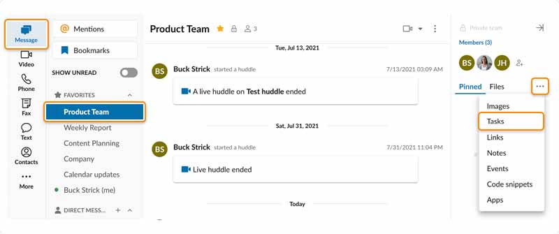 RingCentral desktop app showing a chat thread and boxes that highlight the "Message" tab, "Product Team" channel, and the "Tasks" option.